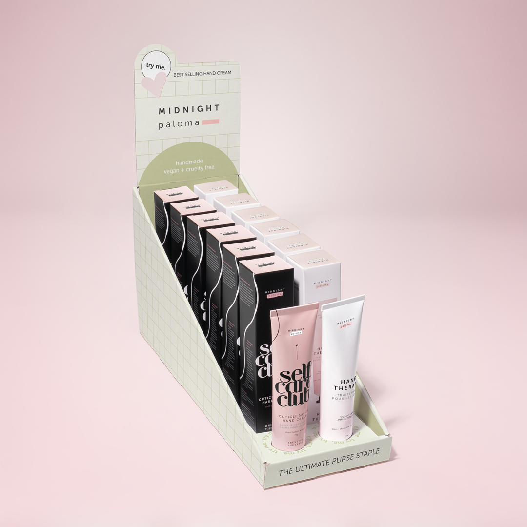 Danielle Gracioso Graphic Designer Vancouver BC Canada – Hand Cream Display Midnight Paloma - Danielle Gracioso graphic designer